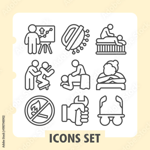 Marketer, masseur, match ban minimalist icons set depicting leisure, healthcare, lifestyle and daily activities items in outline style for apps and print on white background. Set of nine line icons.