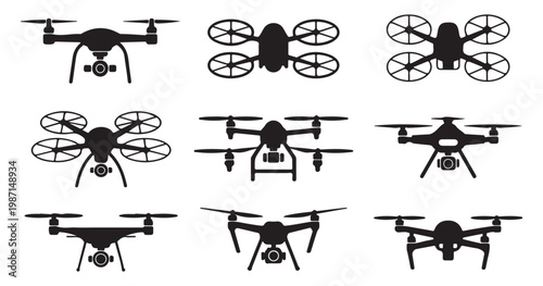 Compilation of drone silhouettes displaying various styles and perspectives on a transparent background.