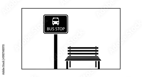 A black and white illustration of a bus stop sign with a bench.