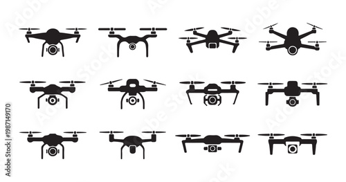 Set of quadcopter drone icons in front view silhouette style for modern technology interface designs.