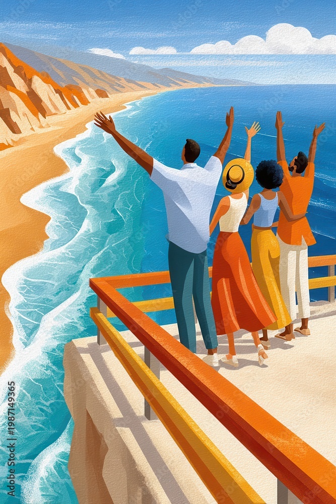 Fototapeta premium Family at the beach enjoying an ocean view from a cliffside balcony on a sunny day