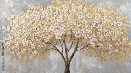 premium Abstract textured gold and white flowering tree oil painting background