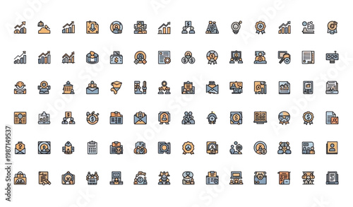 Business and startup flat icon mega pack with modern colorful vector symbols in grid layout isolated on white