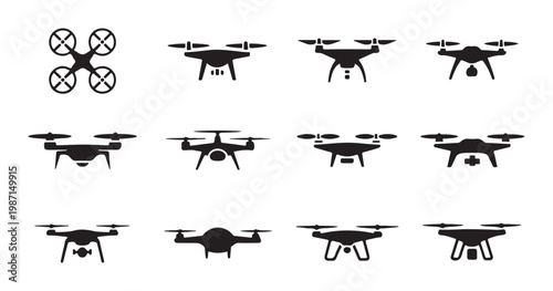 Quadrotor drones icon set including multiple silhouette aerial vehicle designs for modern robotics.