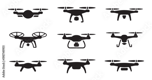 Different drone silhouette icons featuring various frames and camera mounts for photography projects.