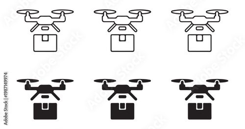 Air delivery drone icons showing package transport concepts with outline and solid silhouette styles.