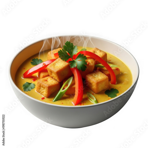 White bowl with creamy yellow curry noodles topped with red chili peppers and cilantro garnish