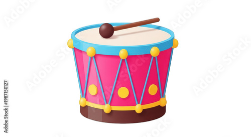 A pink drum with a blue and yellow trim