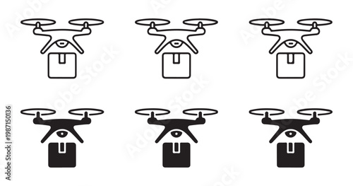 Delivery drone vector icon set, logistics drone, cargo drone, delivery of goods by air.