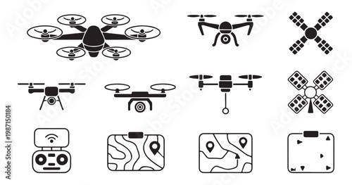 Drone technology and satellite communication icon set, modern aerial vehicles, remote control devices.