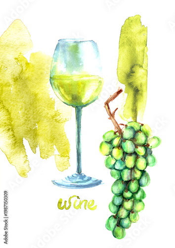 Wine watercolor illustration. White wine glass, grapes and paint textures. For food and drink background, wine list, party invitation, menu