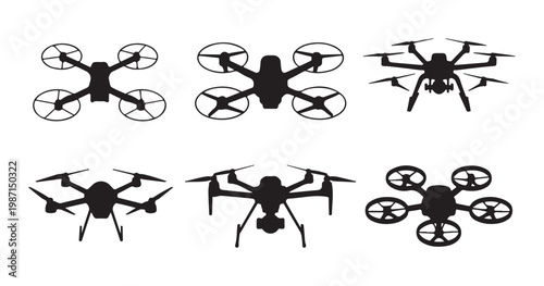 Drone silhouette collection flying aerial vehicle quadcopter multi rotor drone different designs.