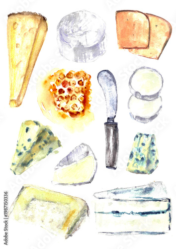 Food watercolor illustration. Wine snack, cheeseboard and honey. For food and drink background, wine list, party invitation, menu