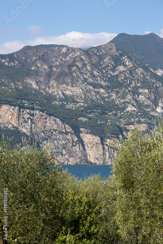 Picturesque view of Lake Garda, surrounded by the Alps mountain ranges, Malcesine, Italy