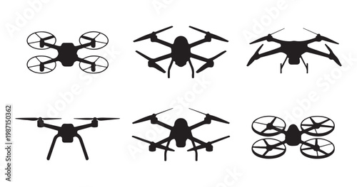 Drone silhouette collection flying aerial vehicle quadcopter multi rotor drone different designs.