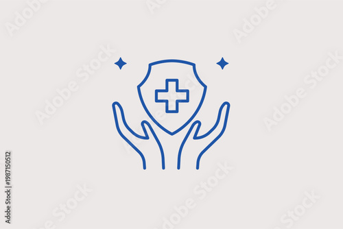 Pair of hands holding a shield with a medical cross for care and protection. Caring Vector Illustration and line icon is ideal for charity, healthcare, and life insurance branding.
