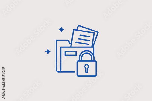 Folder with multiple files and a padlock for archival security. Reliable Vector Illustration and line icon is ideal for database management and private document storage.