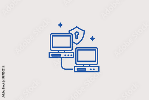 Network of computers connected to a central shield for enterprise security. Wide Vector Illustration and line icon is perfect for office network protection and firewall themes.