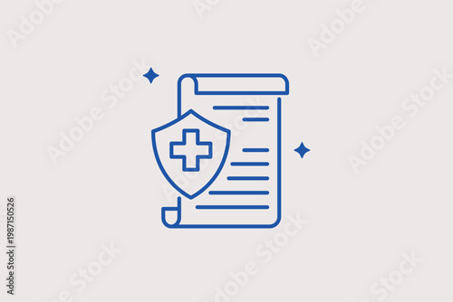 Insurance policy document with a medical cross and a protective shield. Healthy Vector Illustration and line icon is perfect for health insurance and medical record protection.