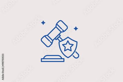 Gavel and shield icon representing legal protection and judicial security. Professional Vector Illustration and line icon is ideal for law firm branding and justice system icons.