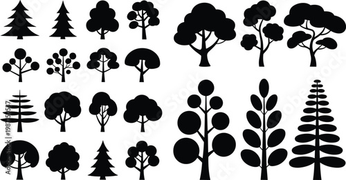 Collection of black tree silhouettes isolated on white background forest botanical vector icon set for landscape design use