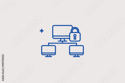 Computer network diagram with a central padlock for local area security. Logical Vector Illustration and line icon is ideal for network administration and secure data sharing.