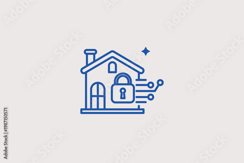Smart home icon with integrated circuit lines and a padlock. High-tech Vector Illustration and line icon is perfect for IoT security and smart house automation projects.