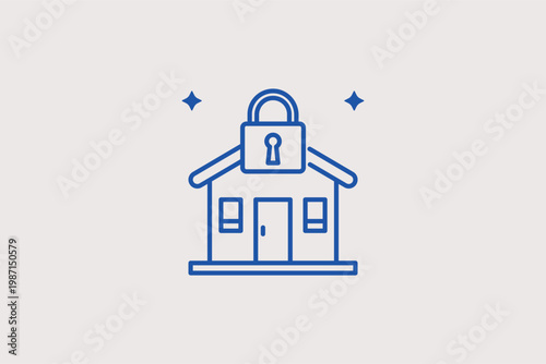 House icon with a padlock in the center for residential security. Simple Vector Illustration and line icon is perfect for real estate safety and home alarm system branding.