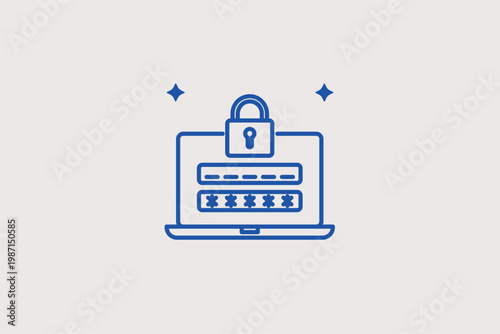Laptop screen with a login field and a padlock for secure account access. Classic Vector Illustration and line icon is ideal for website authentication and user privacy protection.