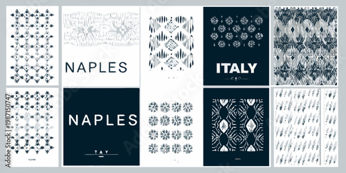 A collection of patterned panels including text referencing naples and italy