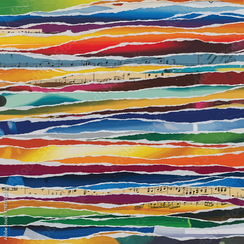 Colorful torn paper strips collage closeup.