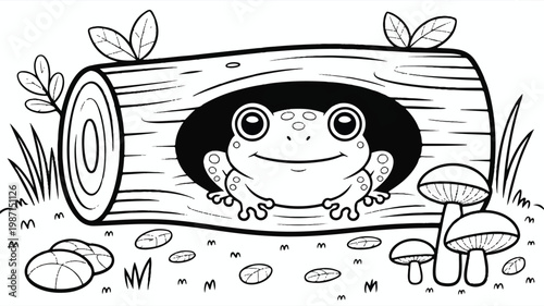 Frog sitting in a hollow log with mushrooms and leaves around