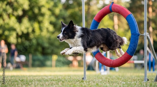 Border collie performing agility hoop jump during outdoor competition