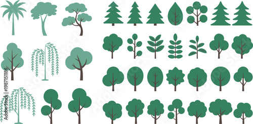 Принти на полотні Collection of green tree icons set, tropical forest botanical symbols, nature ve