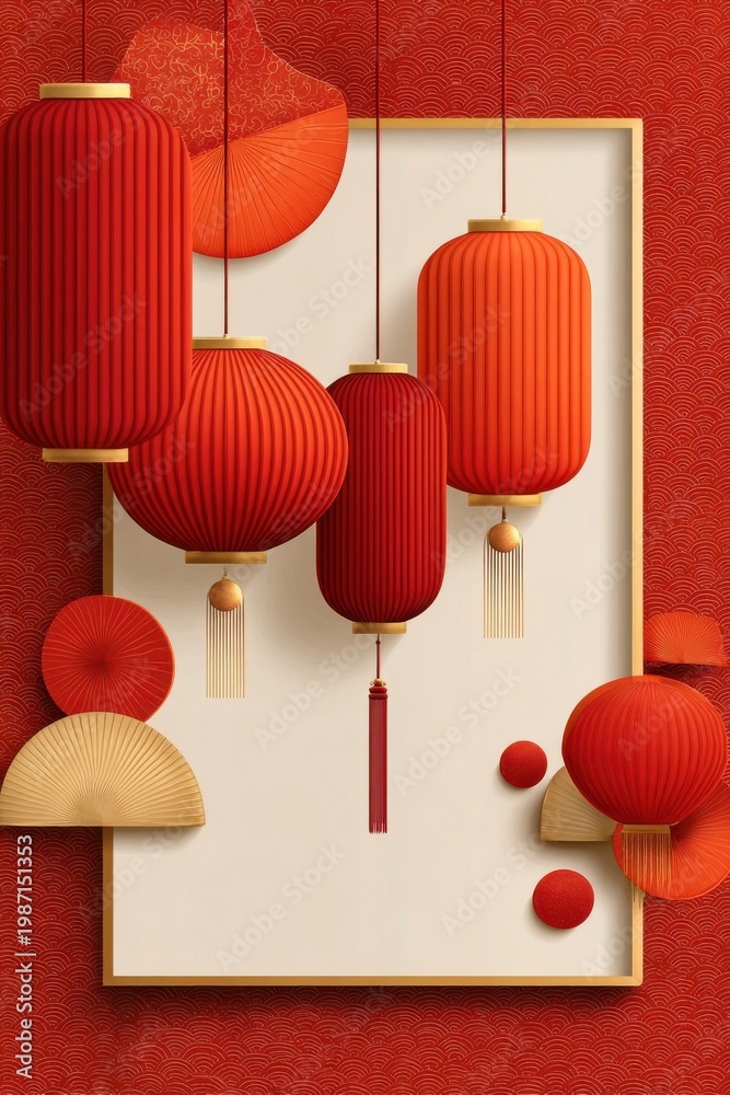 Fototapeta premium Chinese New Year red lanterns and gold-accented festive background for celebration greeting