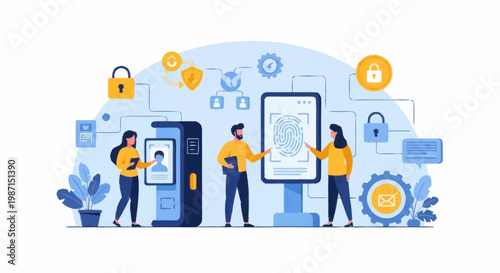 People interacting with digital kiosk and security technology.