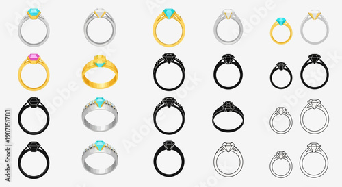 Diverse collection of exquisite diamond and gemstone engagement rings, showcasing various precious metals and cuts, perfect for symbolizing commitment and love