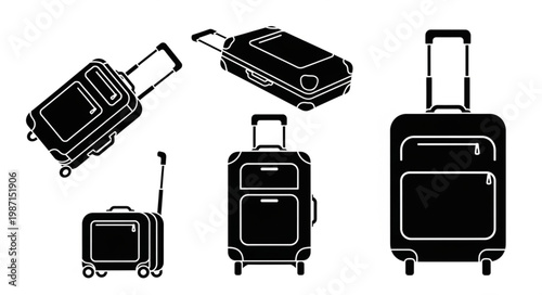 Collection of black silhouette luggage bags on white background.