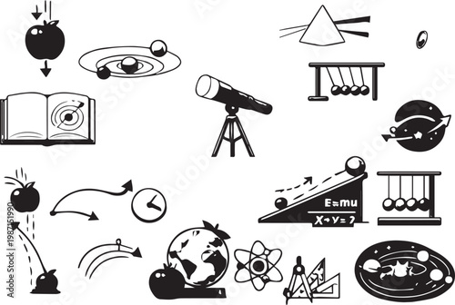 World Newtons Day Science Icon Set with Gravity Motion Physics and Mathematics Symbols