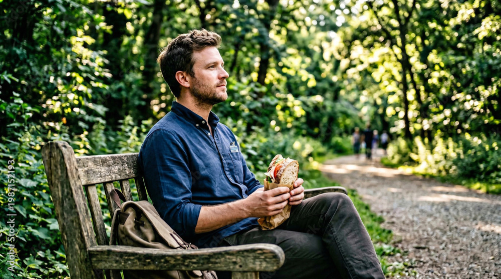 Obraz premium Quiet Quitting: Man Enjoying Solitude During Lunch Break in Nature