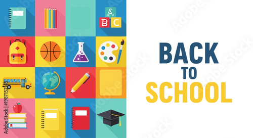 Back to school supplies and icons arranged on a colorful grid pattern