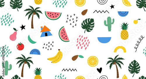 Vibrant tropical pattern features watermelon, palm trees, and fruit on vbncm