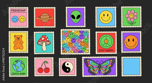 A digital illustration features various colorful icons and symbols on a black background including smiley faces alien emojis and abstract patterns in a collage.