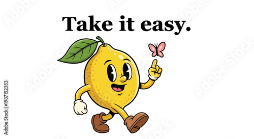 A cheerful cartoon lemon character walks happily with a butterfly and leaf.
