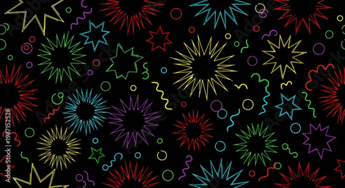 Colorful fireworks and shapes explode in night sky with vbncm reference