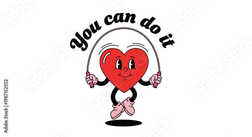 A heart character jumps rope with a motivational phrase overhead in a graphic illustration.