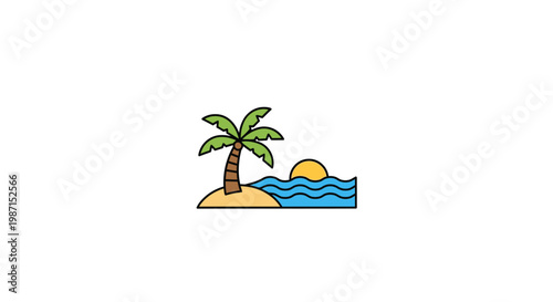 Minimalist Beach Illustration Depicting a Tropical Scene with Palm Tree and Ocean Sunset