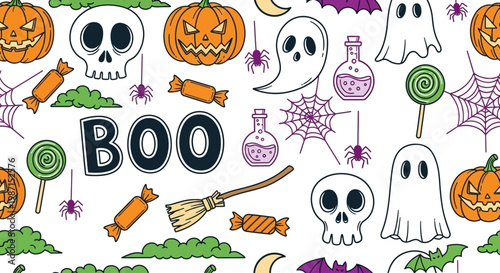 Halloween decorations include skulls, ghosts, pumpkins, candy and spooky symbols on display