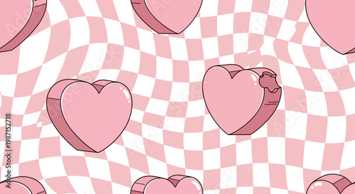 Vibrant pink hearts float on a pink and white checkered pattern background