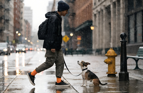 small terrier dog sitting and looking up, wearing harness and leash, realistic, isolated on transparent background, png